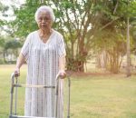 Asian senior or elderly old lady woman use walker with strong health while walking at park in happy holiday