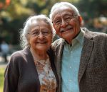 An elderly couple stands together in a lush park, smiling warmly at the camera. They are dressed casually, with blooming flowers and trees creating a cheerful backdrop.