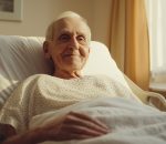 An elderly man resting comfortably in a hospital bed with a calm demeanor and warm surroundings. natural light enhances the tranquility of the room, while medical care and patient comfort are emphasized. ideal for healthcare and patient care themes.